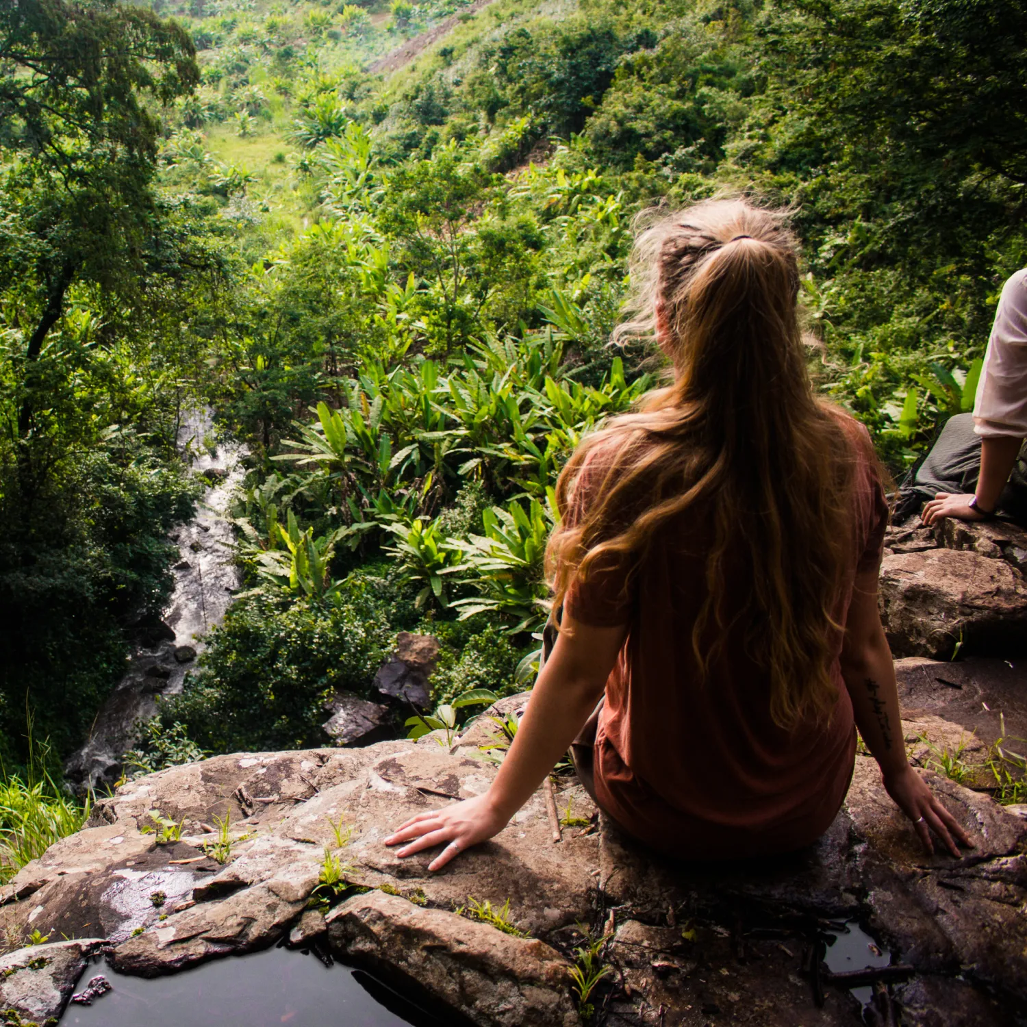 An image of the back of a  woman sitting on the edge of a rocky cliff overlooking the view of the green trees.