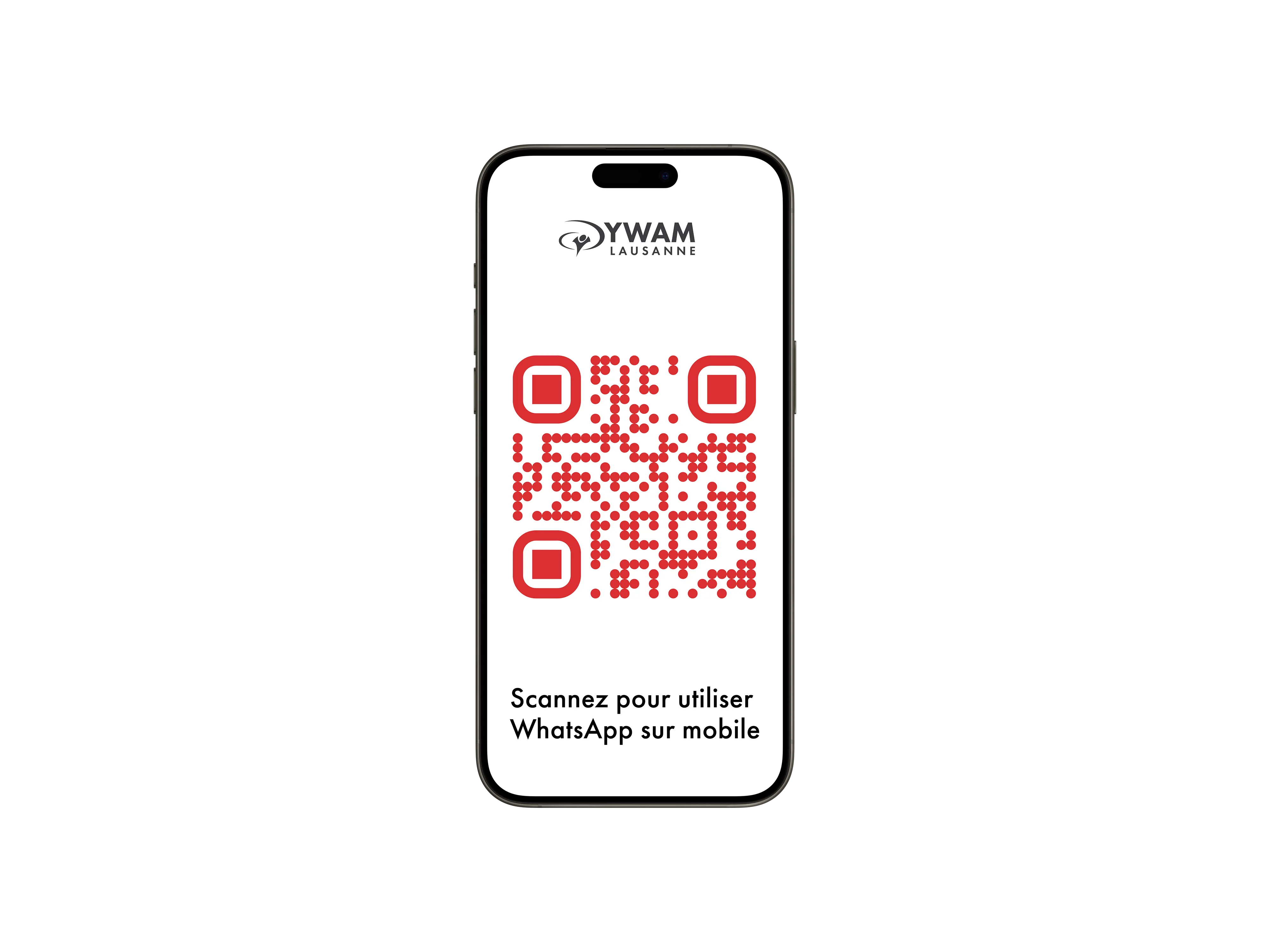 An iPhone mockup image containing a QR code for Whatsapp and a link for Whatspp Web - French.