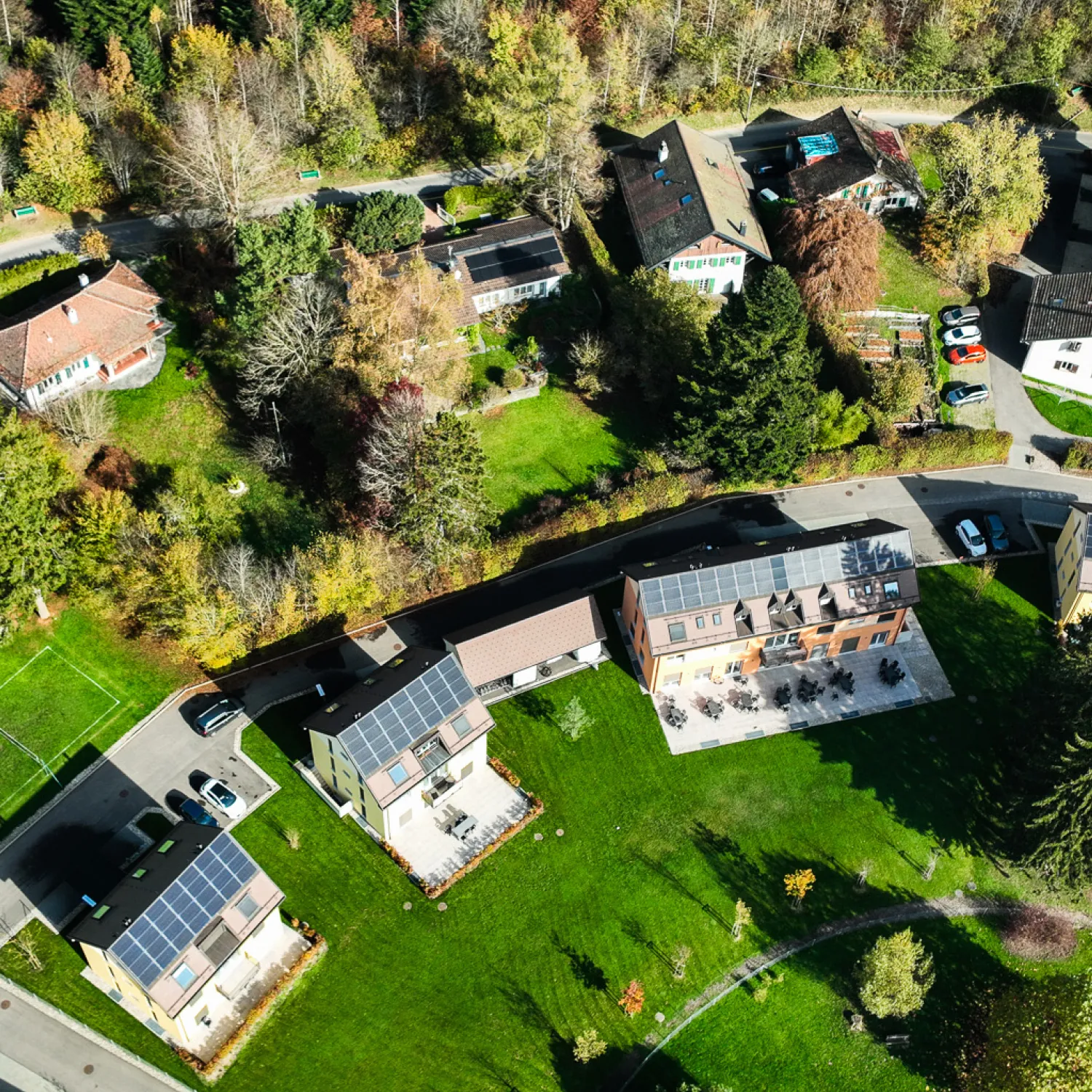 Overview of buildings amongst green grass and trees.